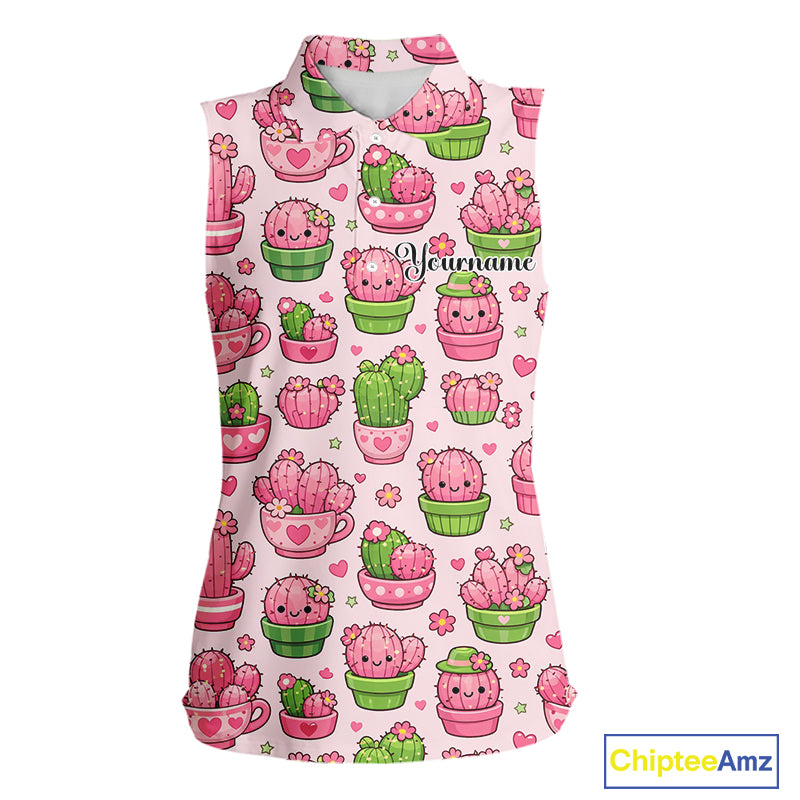 Cute Kawaii Cactus Womens Sleeveless Golf Polo Shirt, Funny Pink Cartoon Cactus Shirt NHT555