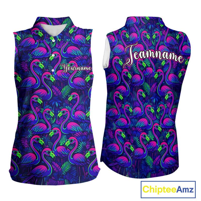 Womens Sleeveless Golf Polo Shirt Neon Flamingos Tropical Pattern Custom Name, Golfing Gifts NHT557
