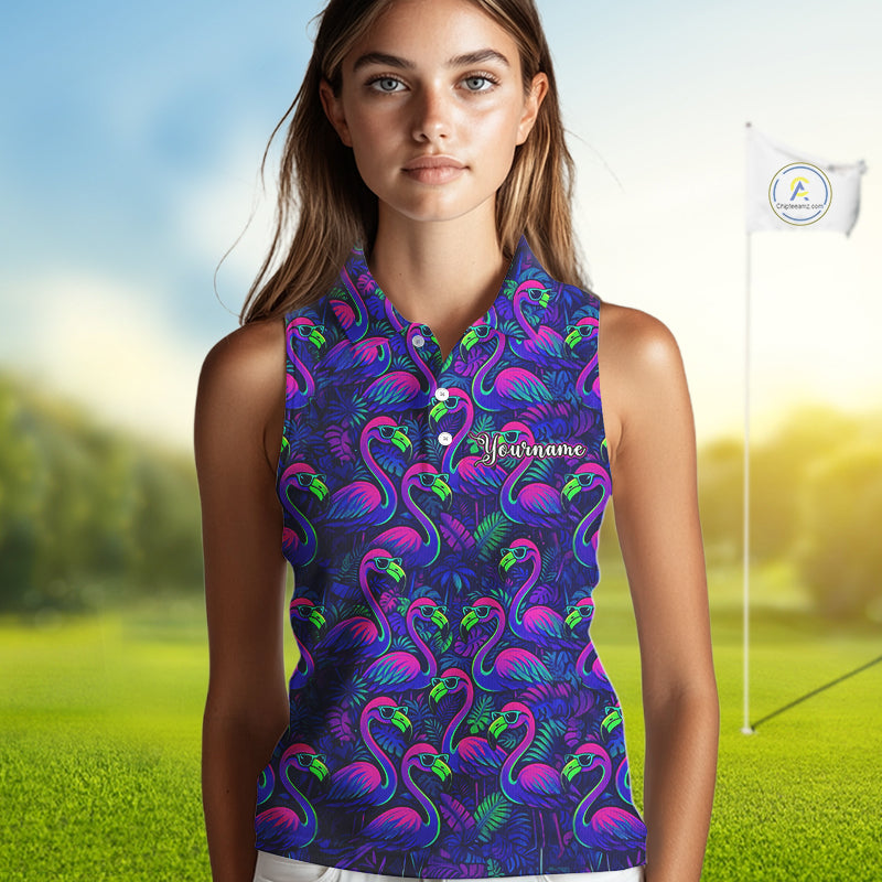 Womens Sleeveless Golf Polo Shirt Neon Flamingos Tropical Pattern Custom Name, Golfing Gifts NHT557