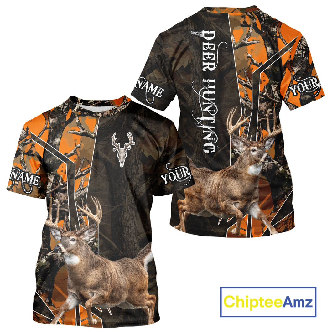 Deer Hunting Shirt 3D Orange Camo Black Custom Name With Deer Skull Whitetail, Hunting Gift NHT236
