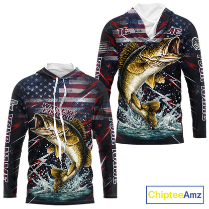 Personalized US Flag Walleye Fishing Shirts Long Sleeve Hooded, Patriotic Walleye Fishing Apparel NHT482