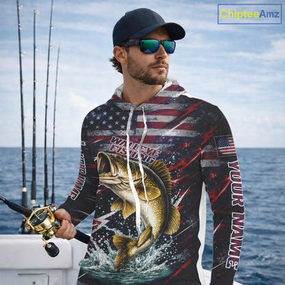 Personalized US Flag Walleye Fishing Shirts Long Sleeve Hooded, Patriotic Walleye Fishing Apparel NHT482
