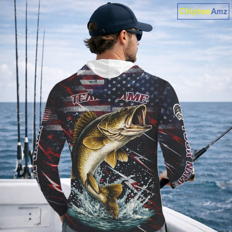 Personalized US Flag Walleye Fishing Shirts Long Sleeve Hooded, Patriotic Walleye Fishing Apparel NHT482