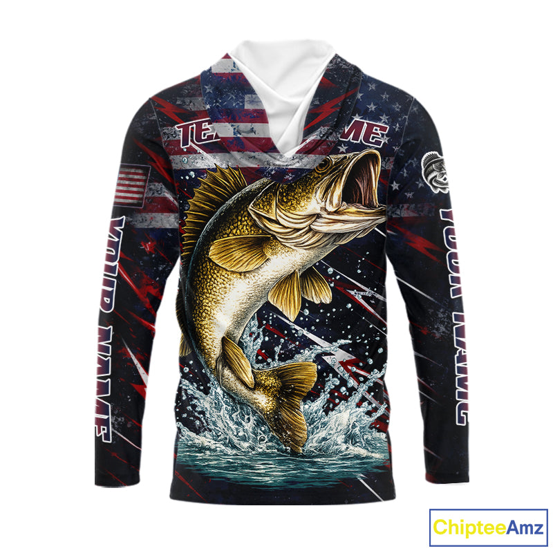Personalized US Flag Walleye Fishing Shirts Long Sleeve Hooded, Patriotic Walleye Fishing Apparel NHT482