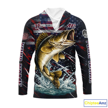 Personalized US Flag Walleye Fishing Shirts Long Sleeve Hooded, Patriotic Walleye Fishing Apparel NHT482