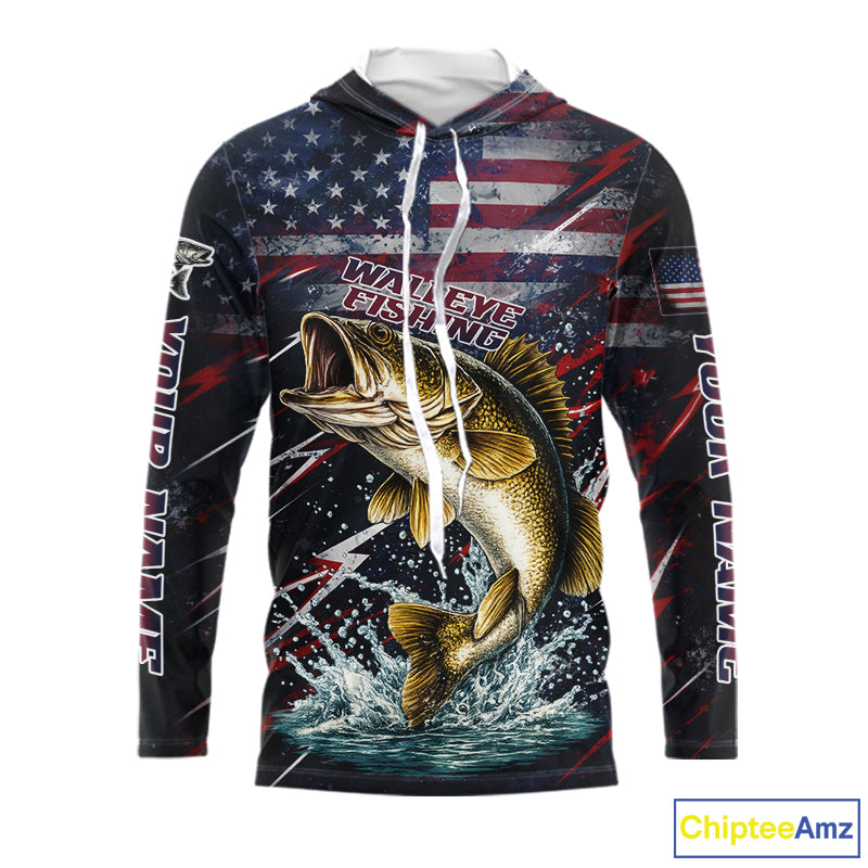 Personalized US Flag Walleye Fishing Shirts Long Sleeve Hooded, Patriotic Walleye Fishing Apparel NHT482