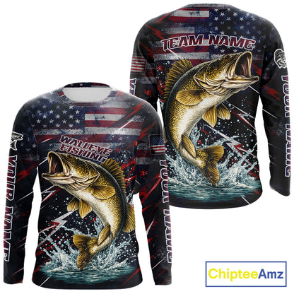 Personalized US Flag Walleye Fishing Shirts Long Sleeve, Patriotic Walleye Fishing Apparel NHT482