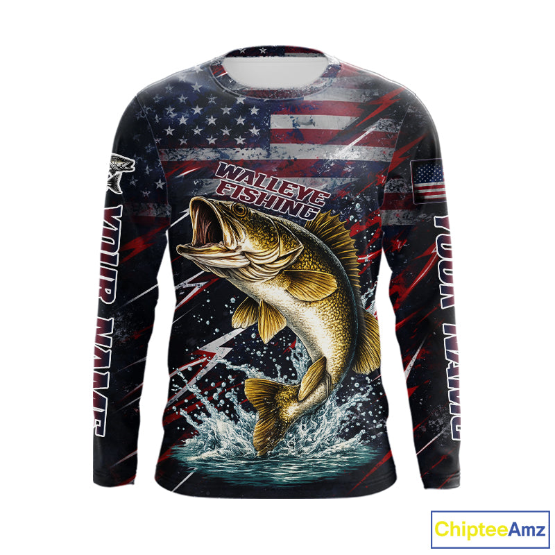 Personalized US Flag Walleye Fishing Shirts Long Sleeve, Patriotic Walleye Fishing Apparel NHT482