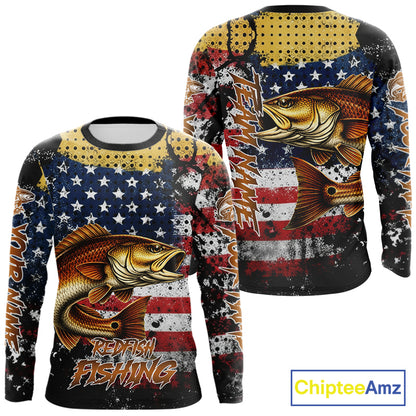American Flag Custom Redfish Fishing Shirts Long Sleeve, Patriotic Redfish Fishing Jerseys NHT484