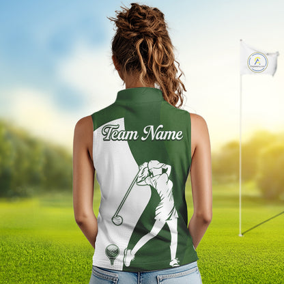 Custom Green & White Womens Sleeveless Golf Polo Shirt, Golf Jersey Team Golf For Women NHT560