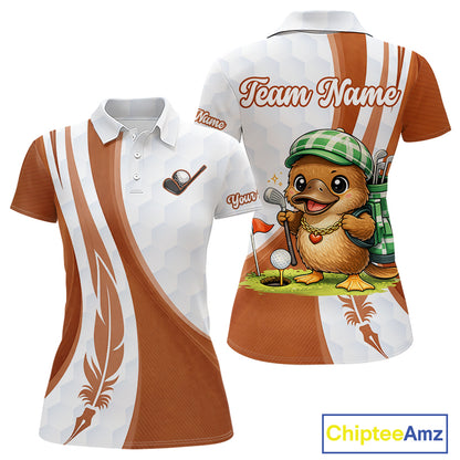 Funny Womens Golf Polo Shirt Custom Brown And White Platypus Pattern White Golf Shirts NHT576