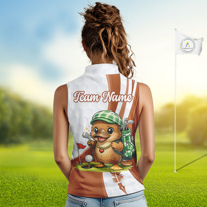 Funny Womens Sleeveless Golf Polo Shirt Custom Brown And White Platypus Pattern White Golf Shirts NHT576