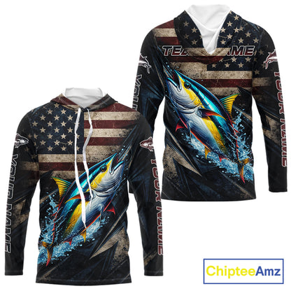 Patriotic Tuna Fishing Jerseys, Personalized American Flag Tuna Hooded Fishing Shirts Long Sleeve NHT581
