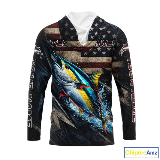 Patriotic Tuna Fishing Jerseys, Personalized American Flag Tuna Hooded Fishing Shirts Long Sleeve NHT581