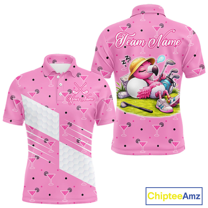 Personalized Mens Golf Polo Shirt With Flamingo Sleep– Funny Cartoon Pattern For Golfer NHT598