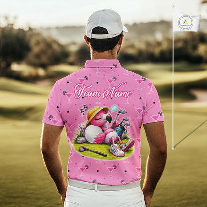 Personalized Mens Golf Polo Shirt With Flamingo Sleep– Funny Cartoon Pattern For Golfer NHT598