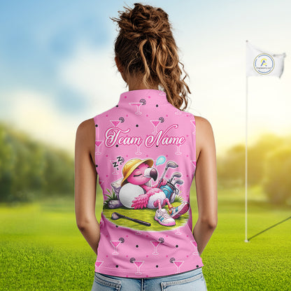 Personalized Womens Sleeveless Golf Polo Shirt With Flamingo Sleep– Funny Cartoon Pattern For Golfer NHT598