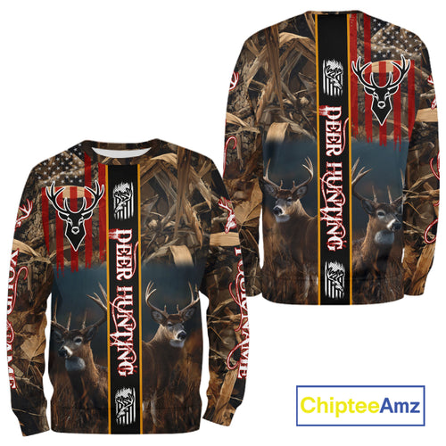 Whitetail Deer Camouflage US Flag Personalized Hunting Shirts, Hoodie Hunting Gift NHT321