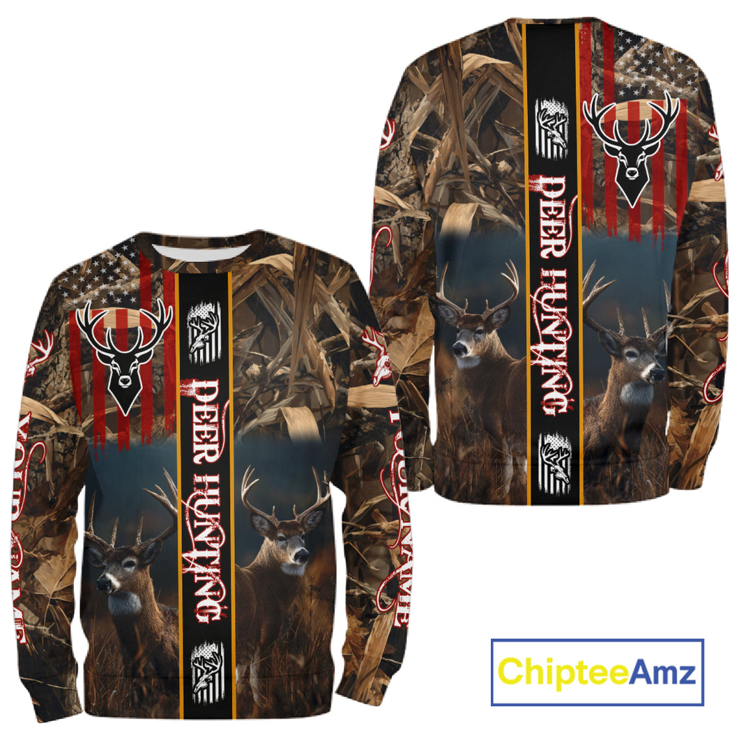 Whitetail Deer Camouflage US Flag Personalized Hunting Shirts, Hoodie Hunting Gift NHT321
