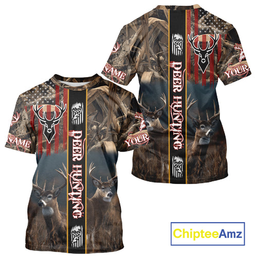 Whitetail Deer Camouflage US Flag Personalized Hunting Shirts, Hoodie Hunting Gift NHT321