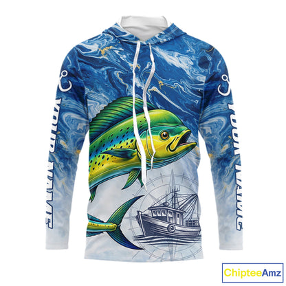 Personalized Mahi Mahi Fishing Shirt With Ocean Wave Graphic, Hooded Long Sleeve Fishing Apparel NHT612