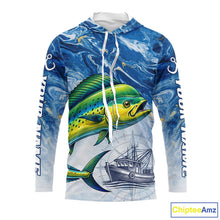 Load image into Gallery viewer, Personalized Mahi Mahi Fishing Shirt With Ocean Wave Graphic, Hooded Long Sleeve Fishing Apparel NHT612