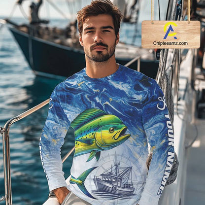 Personalized Mahi Mahi Fishing Shirt With Ocean Wave Graphic, Long Sleeve Fishing Apparel NHT612