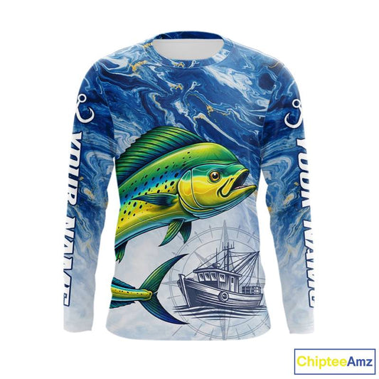 Personalized Mahi Mahi Fishing Shirt With Ocean Wave Graphic, Long Sleeve Fishing Apparel NHT612