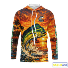 Load image into Gallery viewer, Personalized Mahi Mahi Dolphin Fish Fishing Shirt Long Sleeve Hooded – Sunset Ocean Design NHT433