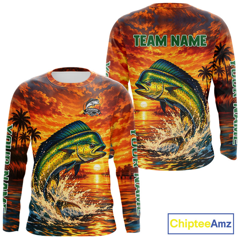 Personalized Mahi Mahi Dolphin Fish Fishing Shirt Long Sleeve – Sunset Ocean Design NHT433