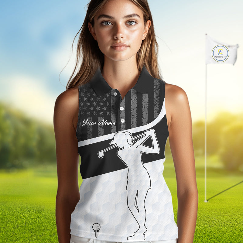 Sleeveless Golf Polo Shirt American Flag Patriotic Golf Shirts Custom Name Golf Gifts For Womens NHT620