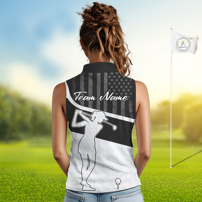 Sleeveless Golf Polo Shirt American Flag Patriotic Golf Shirts Custom Name Golf Gifts For Womens NHT620