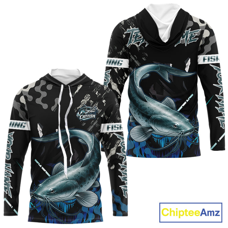 Black Camo Custom Catfish Fishing Shirts Long Sleeve Hooded, Catfish Fishing Jerseys For Men NHT499