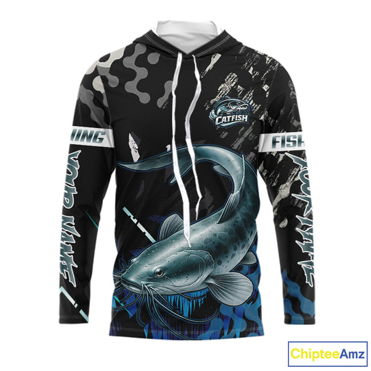 Black Camo Custom Catfish Fishing Shirts Long Sleeve Hooded, Catfish Fishing Jerseys For Men NHT499