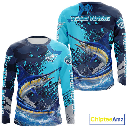 Marlin Fishing Blue Camo Custom Name Long Sleeve, Long Sleeve Hooded Fishing Shirt NHT453