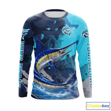 Load image into Gallery viewer, Marlin Fishing Blue Camo Custom Name Long Sleeve, Long Sleeve Hooded Fishing Shirt NHT453