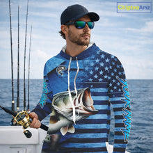 Load image into Gallery viewer, Bass Fishing Shirts Long Sleeve Hooded With American Flag, Personalized Bass Fishing Gift For Father Days NHT680