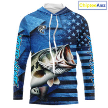 Load image into Gallery viewer, Bass Fishing Shirts Long Sleeve Hooded With American Flag, Personalized Bass Fishing Gift For Father Days NHT680