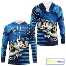 Load image into Gallery viewer, Bass Fishing Shirts Long Sleeve Hooded With American Flag, Personalized Bass Fishing Gift For Father Days NHT680