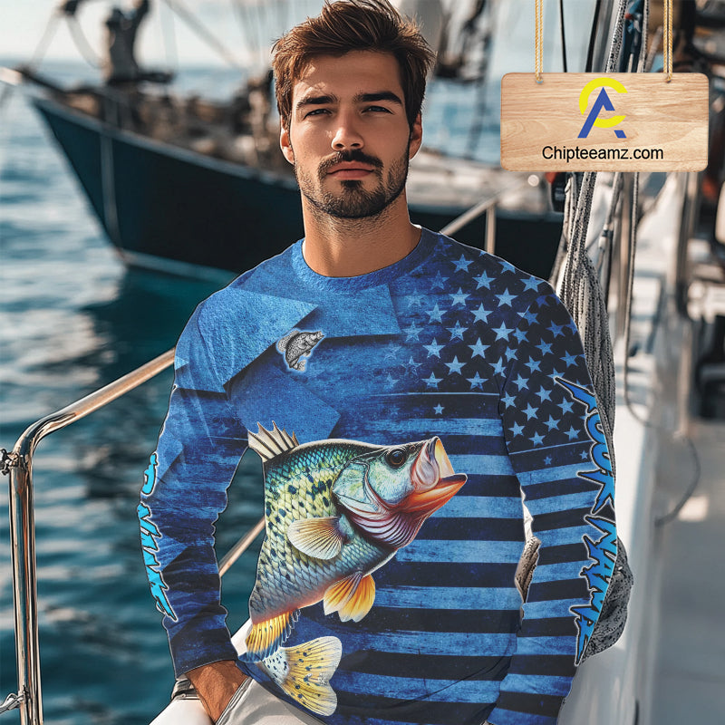 Crappie Fishing Shirts Long Sleeve With American Flag, Personalized Crappie Fishing Gift For Father Days NHT681