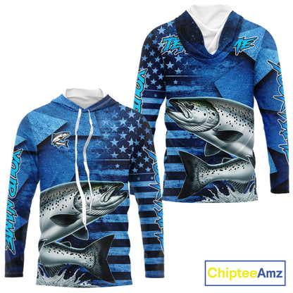 Chinook Salmon Hooded Fishing Shirts Long Sleeve With American Flag, Personalized Salmon Fishing Gift For Father Days NHT682