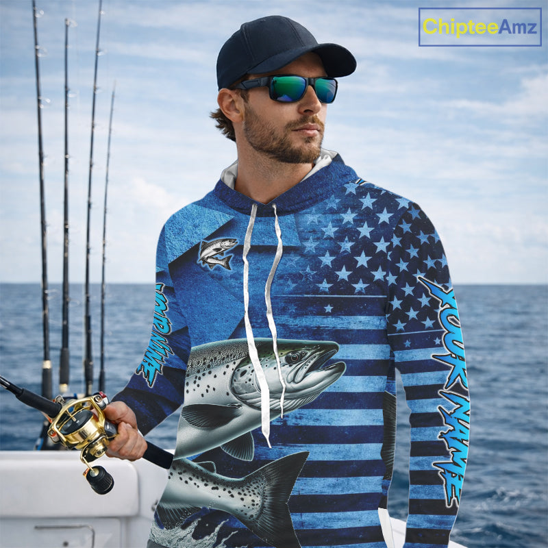 Chinook Salmon Hooded Fishing Shirts Long Sleeve With American Flag, Personalized Salmon Fishing Gift For Father Days NHT682