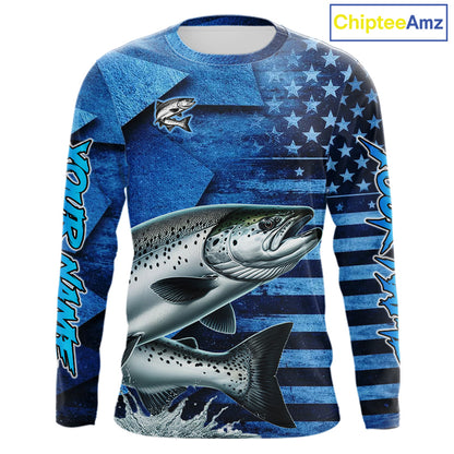 Chinook Salmon Fishing Shirts Long Sleeve With American Flag, Personalized Salmon Fishing Gift For Father Days NHT682