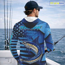 Load image into Gallery viewer, Marlin Hooded Fishing Shirts Long Sleeve With American Flag, Personalized Marlin Fishing Gift For Father Days NHT683