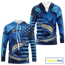Load image into Gallery viewer, Marlin Hooded Fishing Shirts Long Sleeve With American Flag, Personalized Marlin Fishing Gift For Father Days NHT683