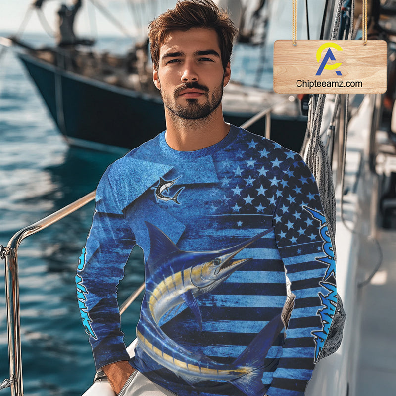 Marlin Fishing Shirts Long Sleeve With American Flag, Personalized Marlin Fishing Gift For Father Days NHT683