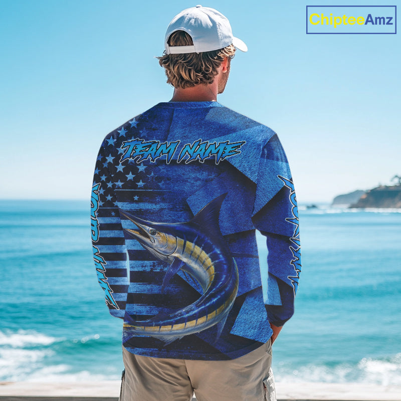 Marlin Fishing Shirts Long Sleeve With American Flag, Personalized Marlin Fishing Gift For Father Days NHT683