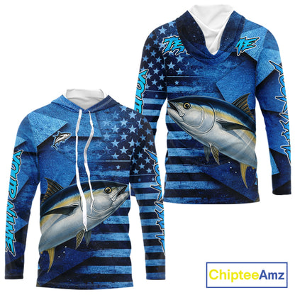 Tuna Hooded Fishing Shirts Long Sleeve With American Flag, Personalized Tuna Fishing Gift For Father Days NHT684