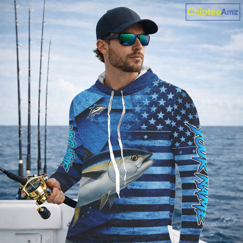 Tuna Hooded Fishing Shirts Long Sleeve With American Flag, Personalized Tuna Fishing Gift For Father Days NHT684