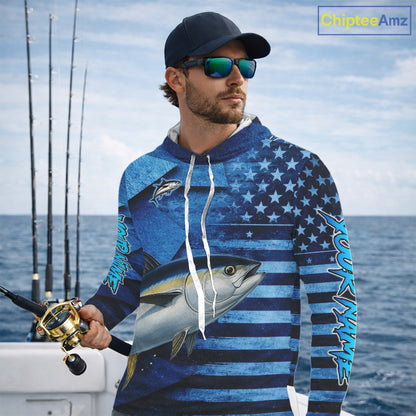 Tuna Hooded Fishing Shirts Long Sleeve With American Flag, Personalized Tuna Fishing Gift For Father Days NHT684